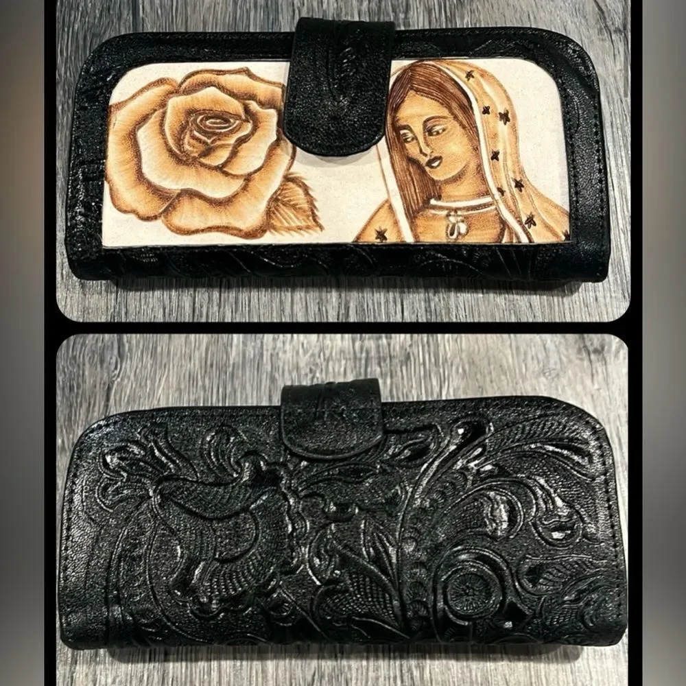 NEW Western handmade Black and Cream Leather Cowhide Women's wallet